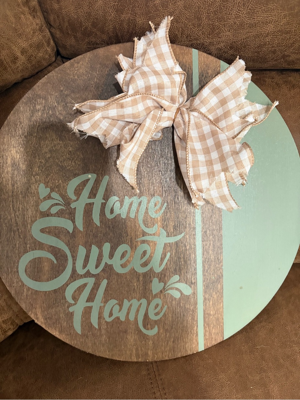 Home Sweet Home Round Wood Wall Sign with Gingham Bow